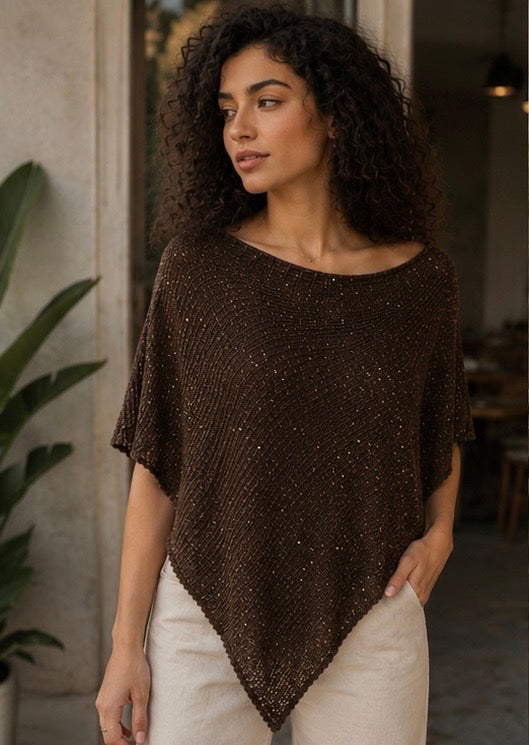 Brown Shimmer Knit Poncho