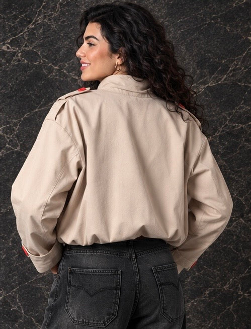 Beige Double-Breasted Bomber Jacket