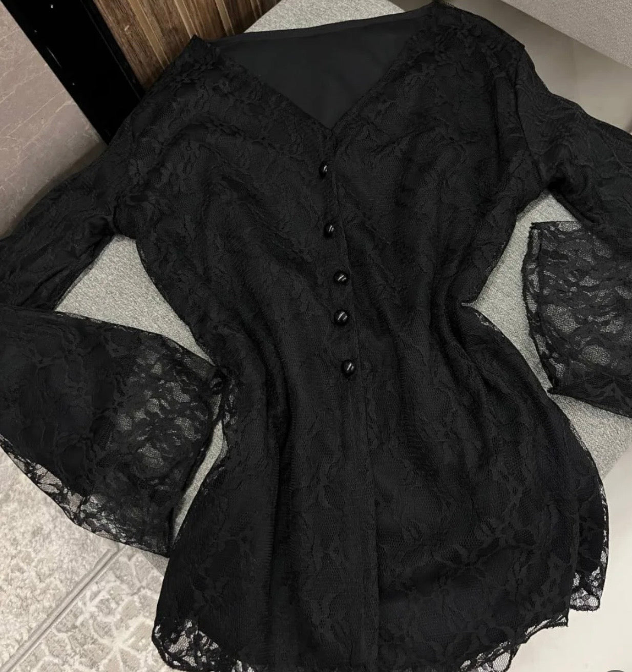 Black Elegant Lace Trim Button Blouse