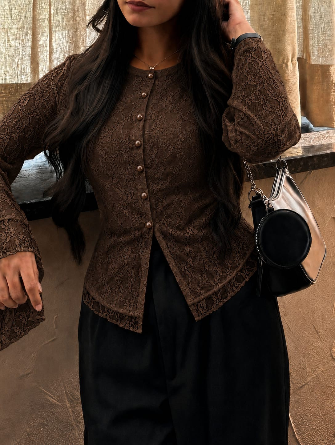 Brown Elegant Lace Trim Button Blouse