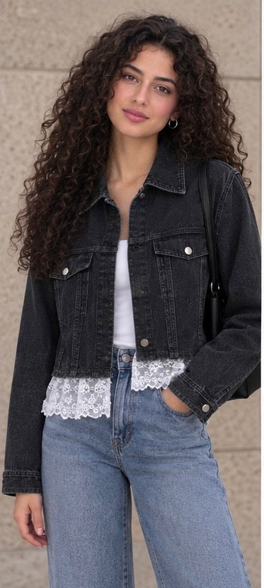 Velora Lace Trim Black Denim Jacket
