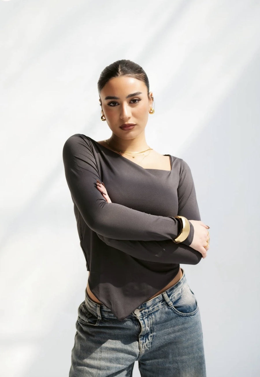 Grey Asymmetrical Chic Long Sleeve Top