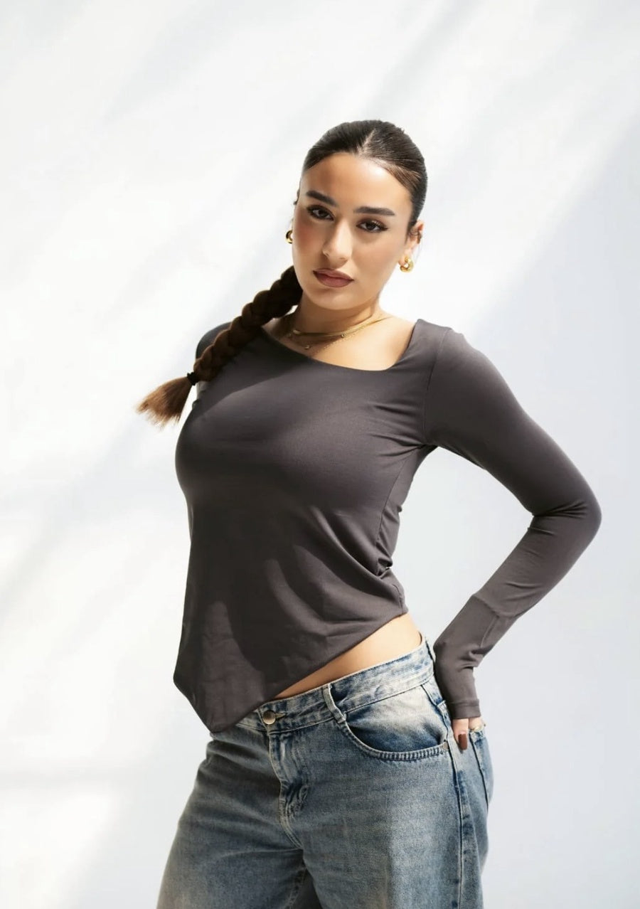 Grey Asymmetrical Chic Long Sleeve Top