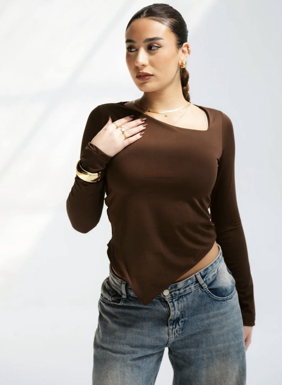 Brown Asymmetrical Chic Long Sleeve Top