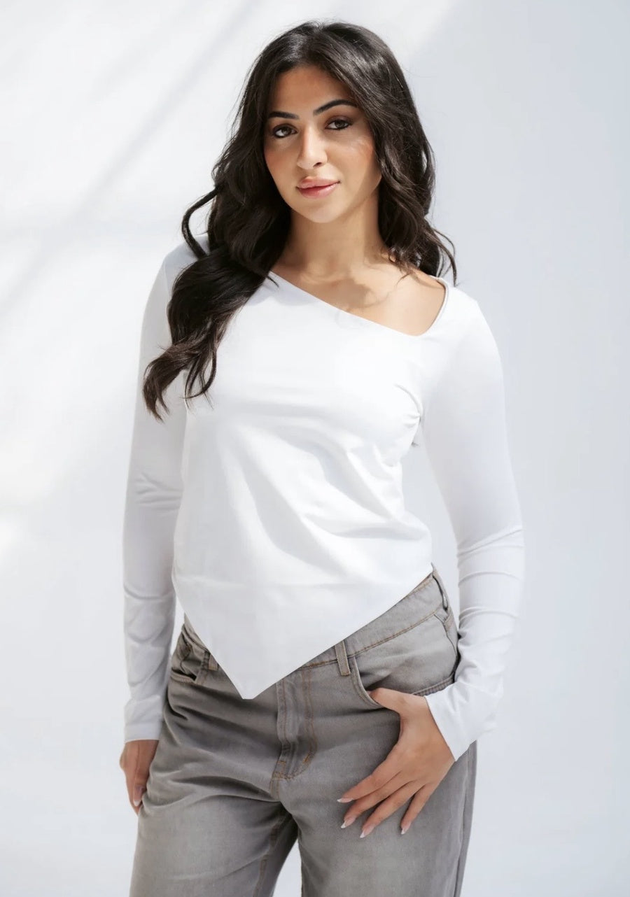 White Asymmetrical Chic Long Sleeve Top