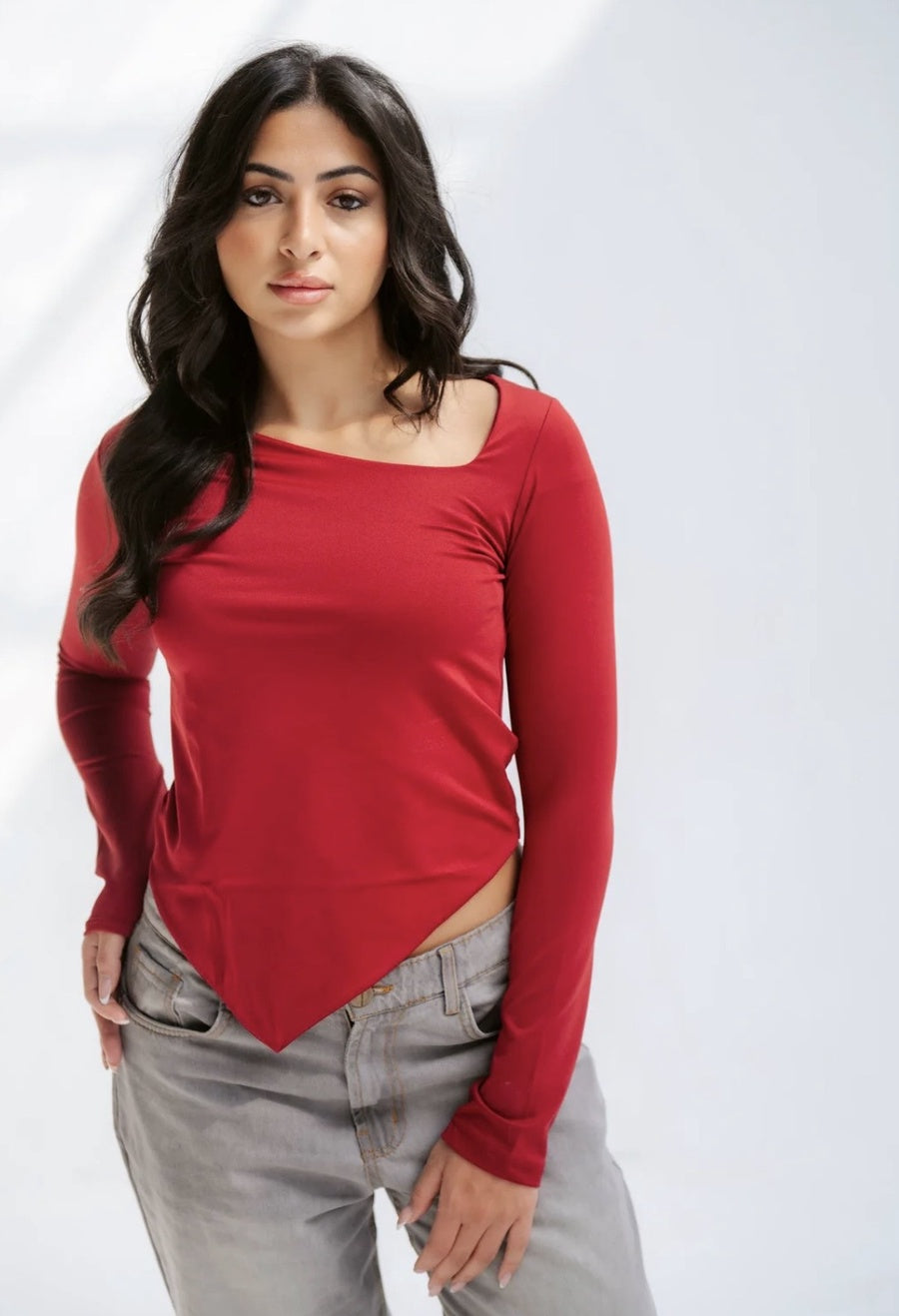 Red Asymmetrical Chic Long Sleeve Top
