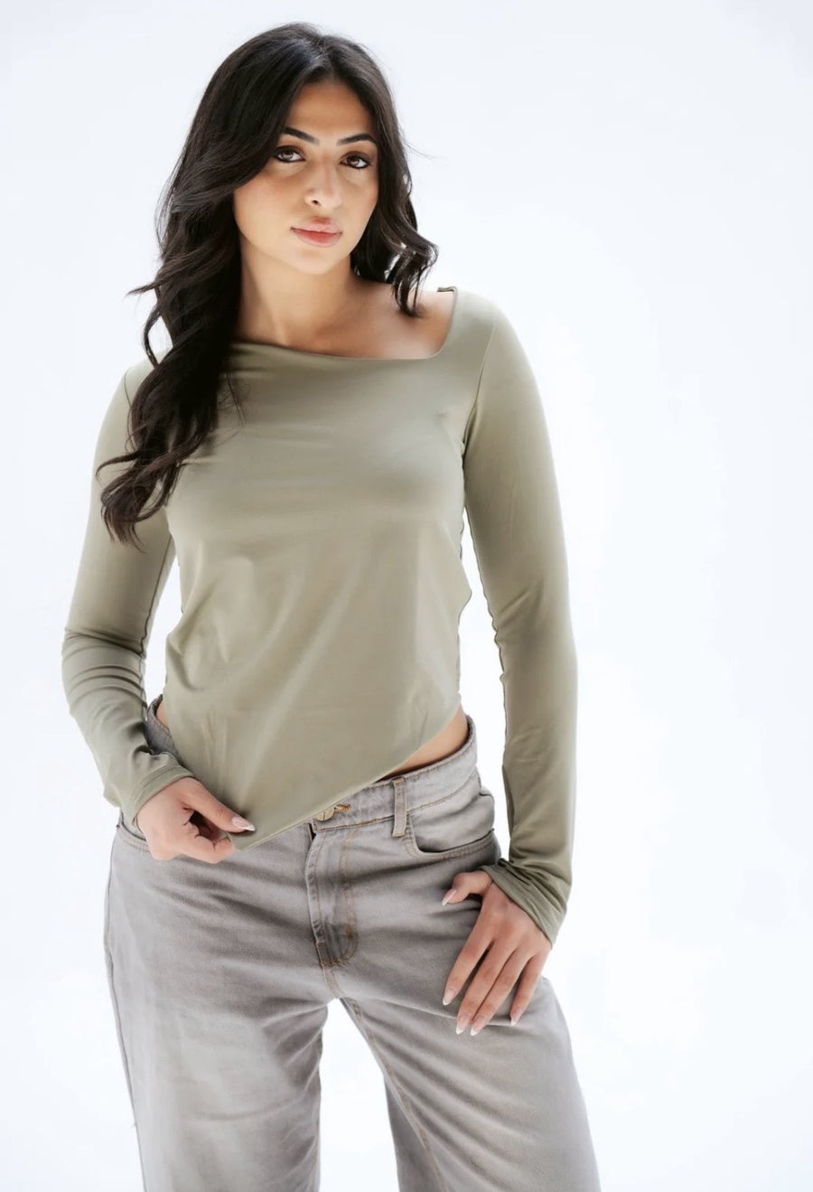 Olive Asymmetrical Chic Long Sleeve Top
