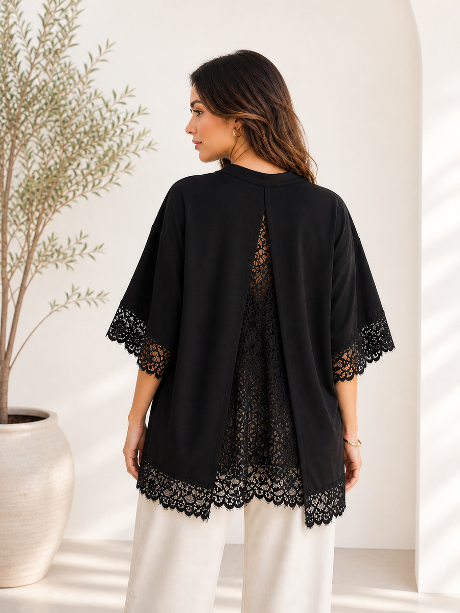 Black Lace Panel Open Back TShirt