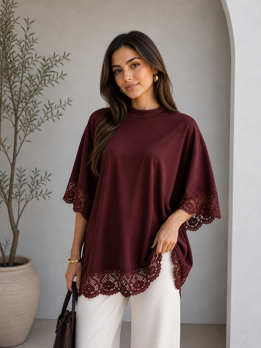 Burgundy Lace Panel Open Back TShirt