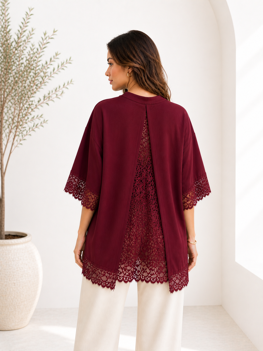 Burgundy Lace Panel Open Back TShirt