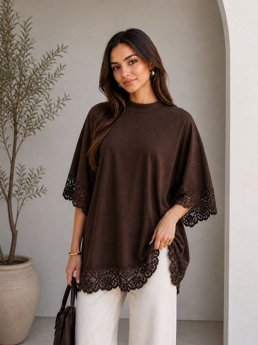 Brown Lace Panel Open Back TShirt