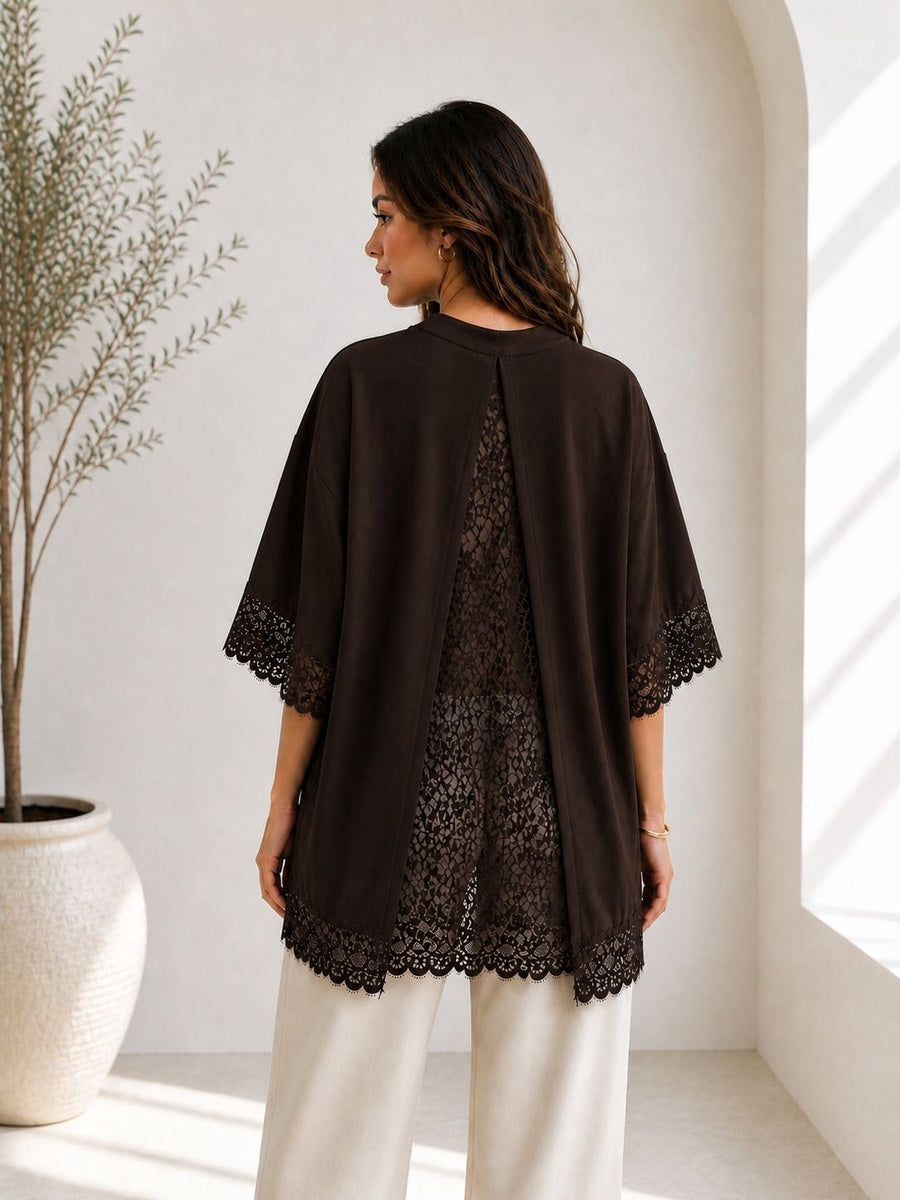 Brown Lace Panel Open Back TShirt