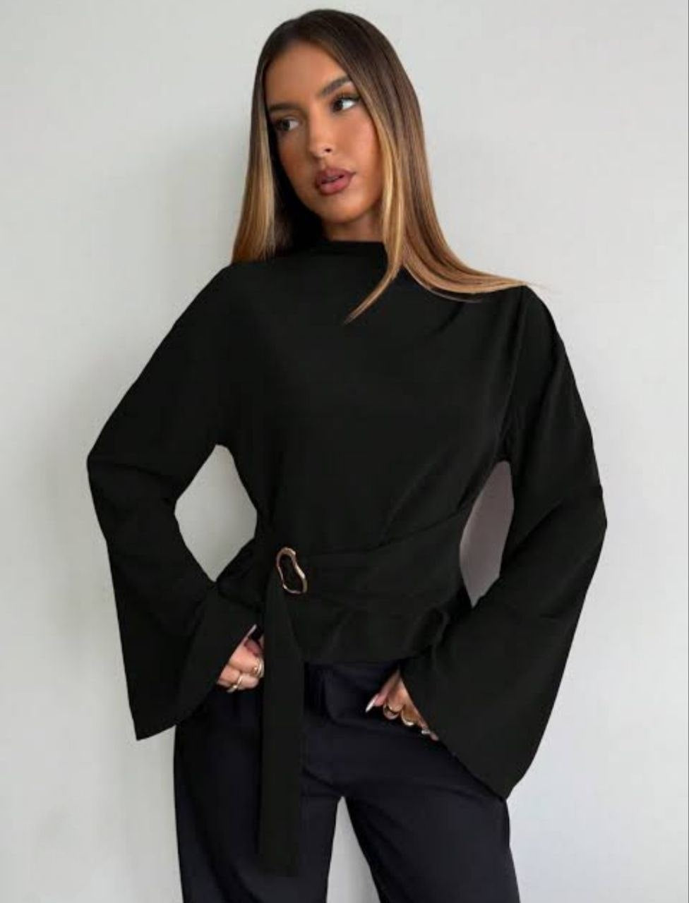 Velora Élan Belted Wrap Top – Black