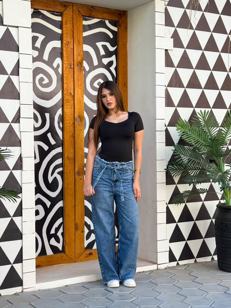 Velora Washed Blue Tie Waist Jeans