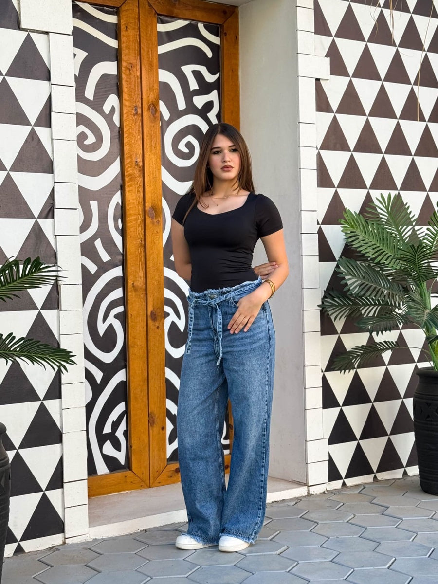 Velora Washed Blue Tie Waist Jeans