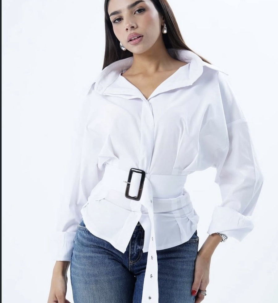White Belted Oversized Shirt