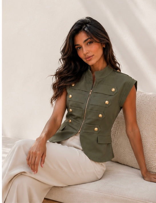 Olive Gold Button Zip Vest