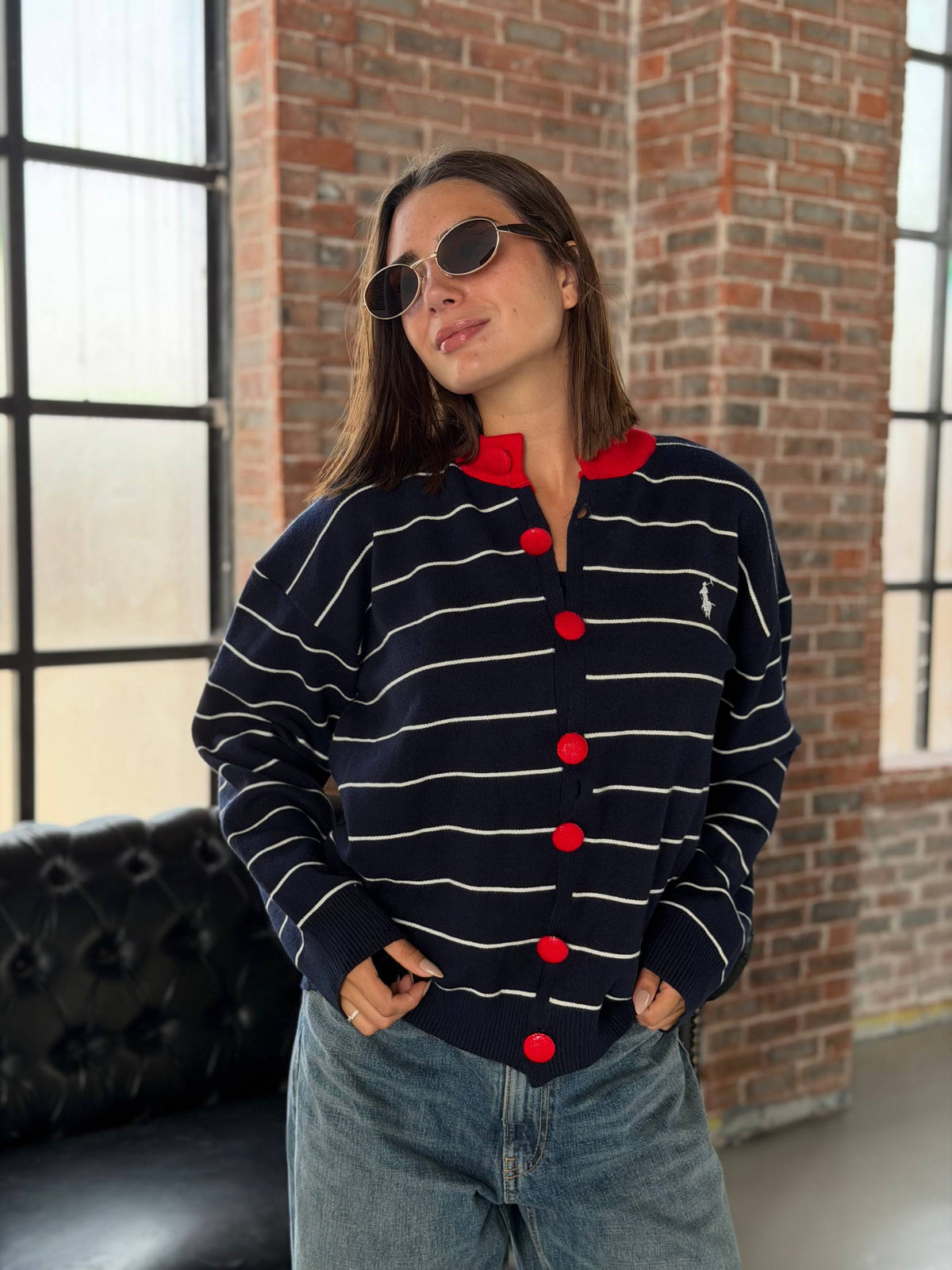 Navy Striped Cardigan with Red Buttons