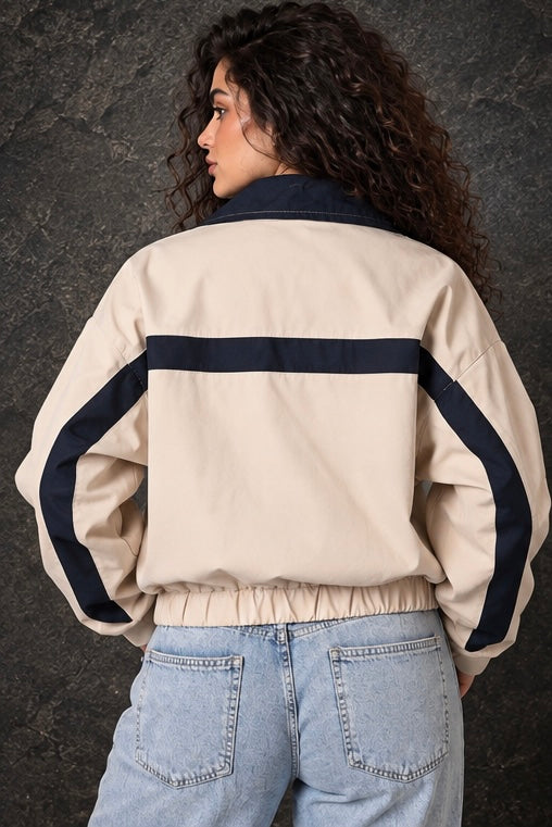 Beige & Navy Contrast Stripe Jacket