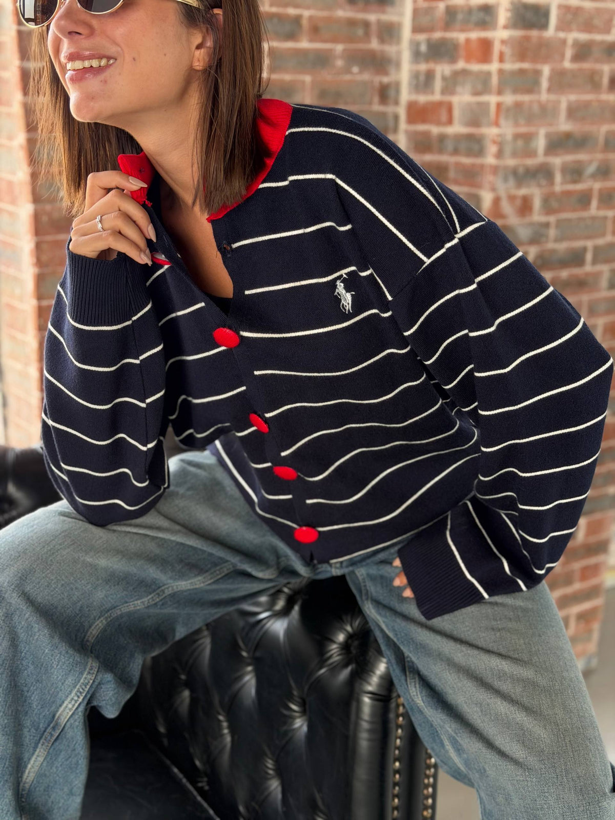 Navy Striped Cardigan with Red Buttons