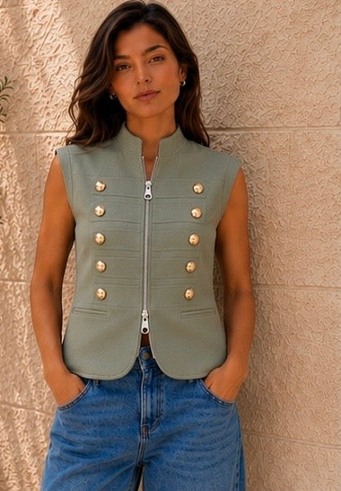 Olive Gold Button Zip Vest