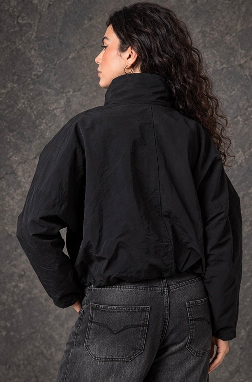Black High-Neck Button-Up Bomber Jacket