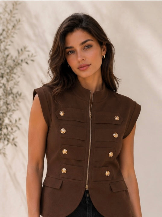 Brown Gold Button Zip Vest