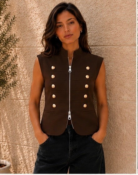 Brown Gold Button Zip Vest