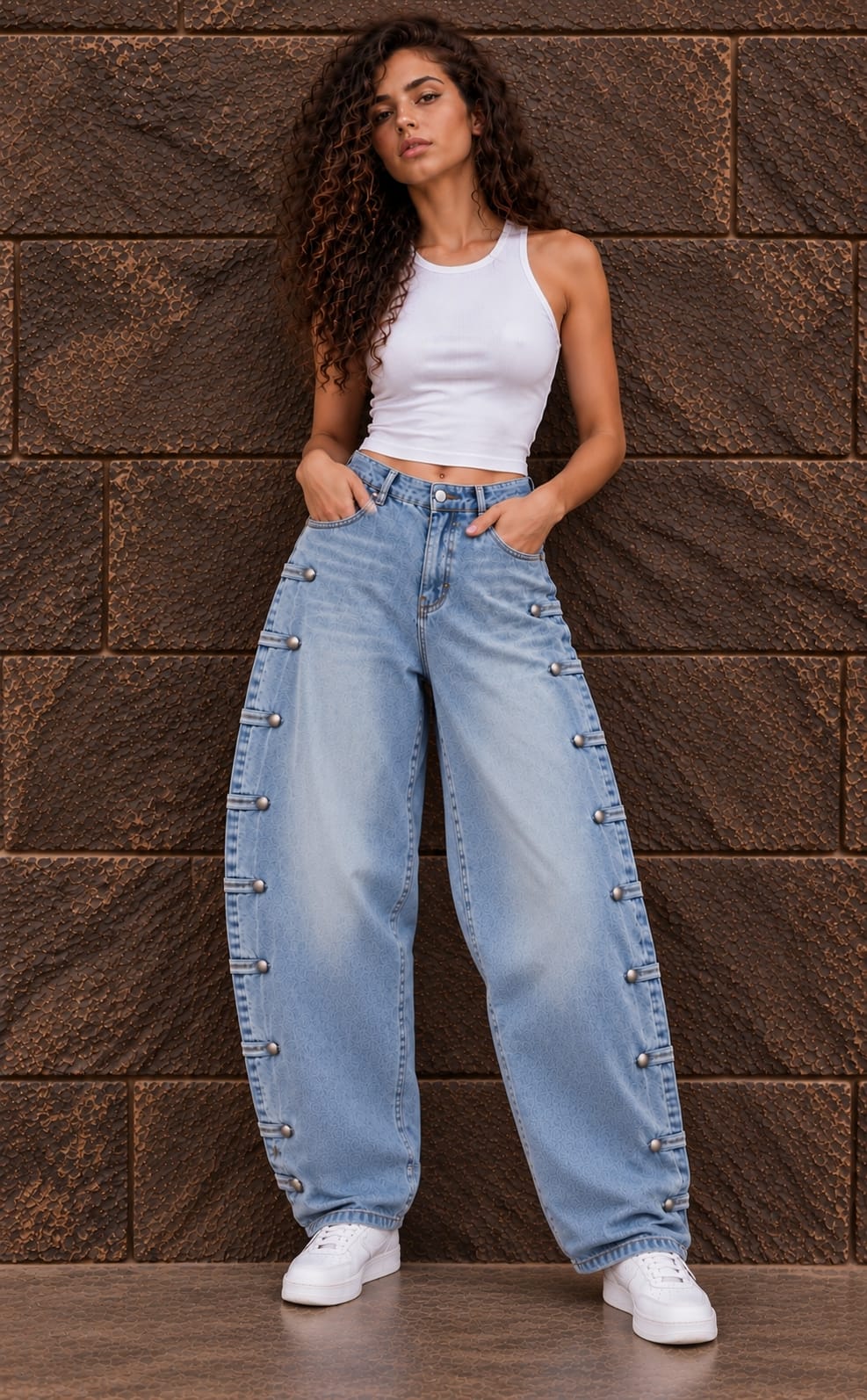 Silver Buckle Wide-Leg Jeans