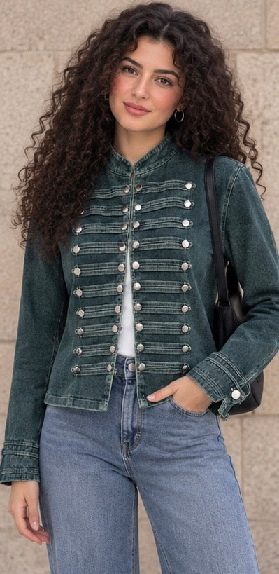 Velora Military Denim Jacket – Dark Green