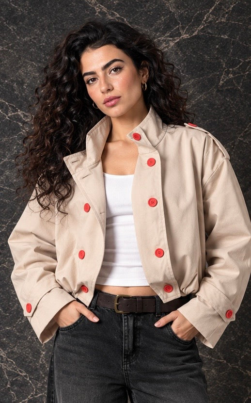 Beige Double-Breasted Bomber Jacket