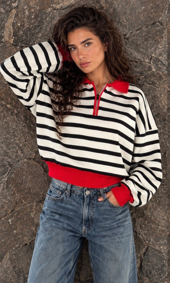 Red Collar Striped Knit Sweater