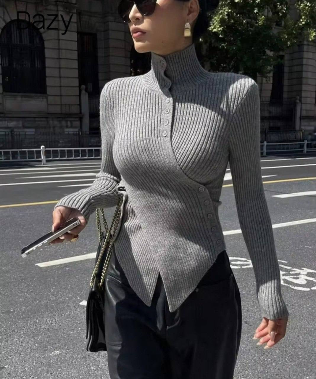 Gray Ribbed Asymmetric Buttoned Top