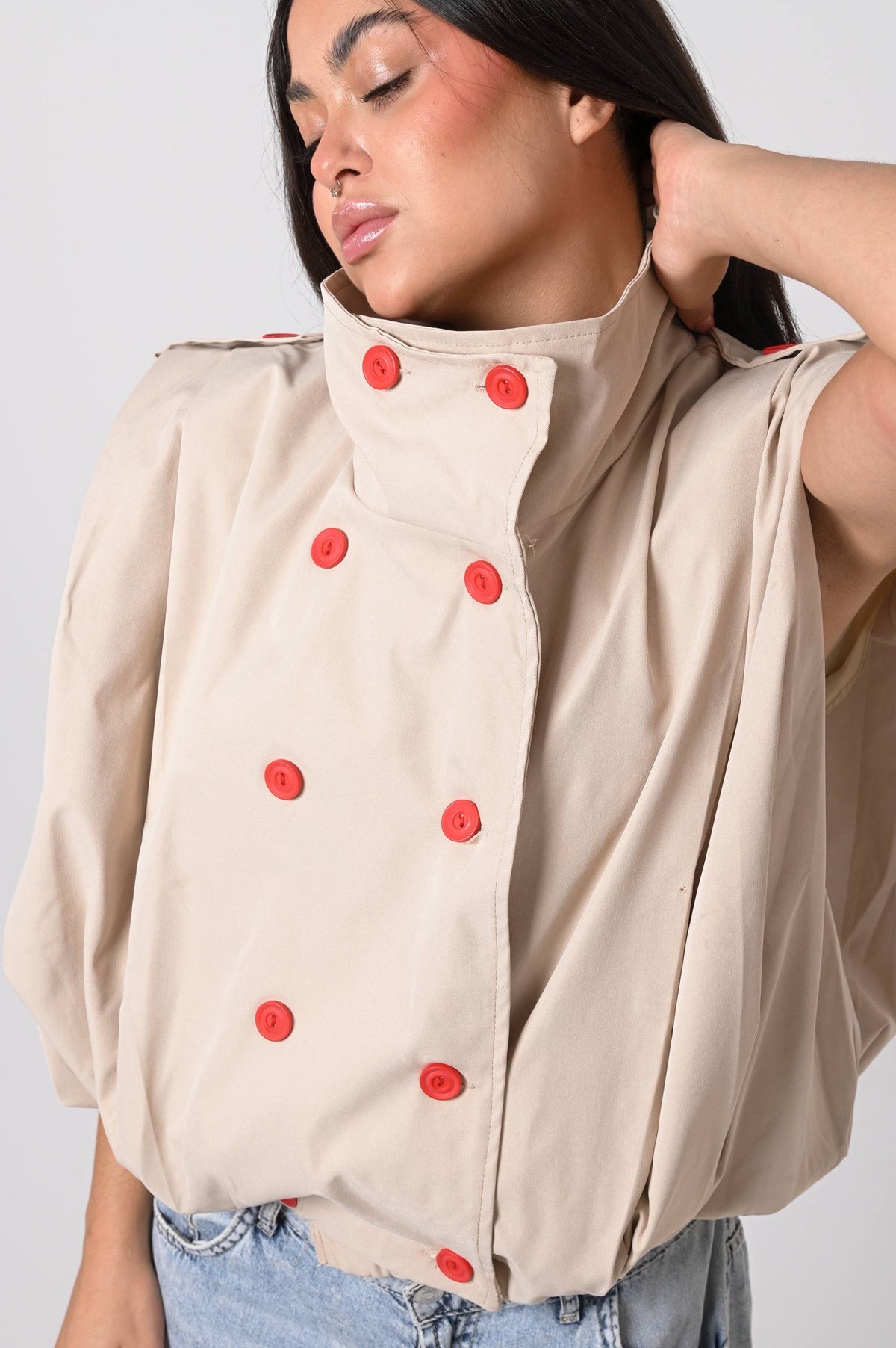 Beige Statement Vest with Red Buttons