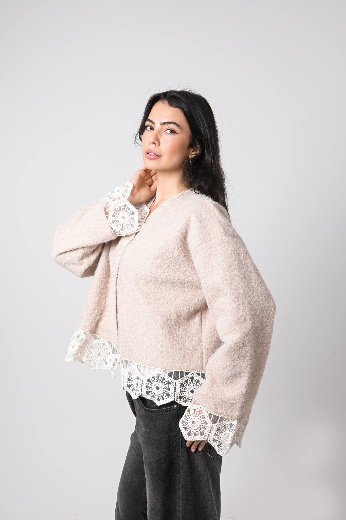 Beige Lace Trim Knit Cardigan