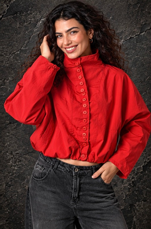 Red High-Neck Button-Up Bomber Jacket
