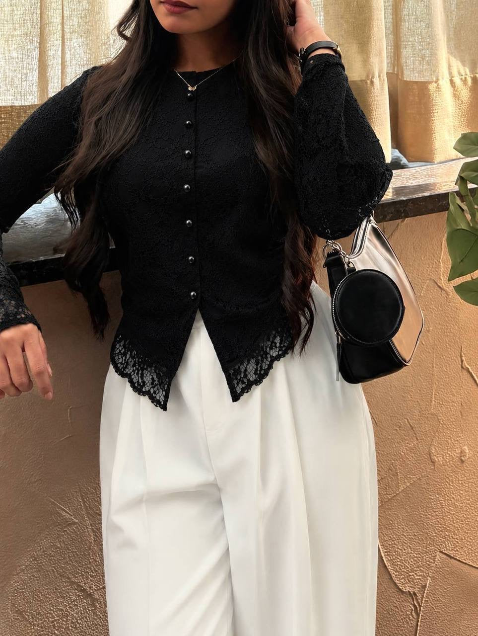 Black Elegant Lace Trim Button Blouse
