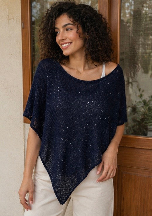 Navy Shimmer Knit Poncho