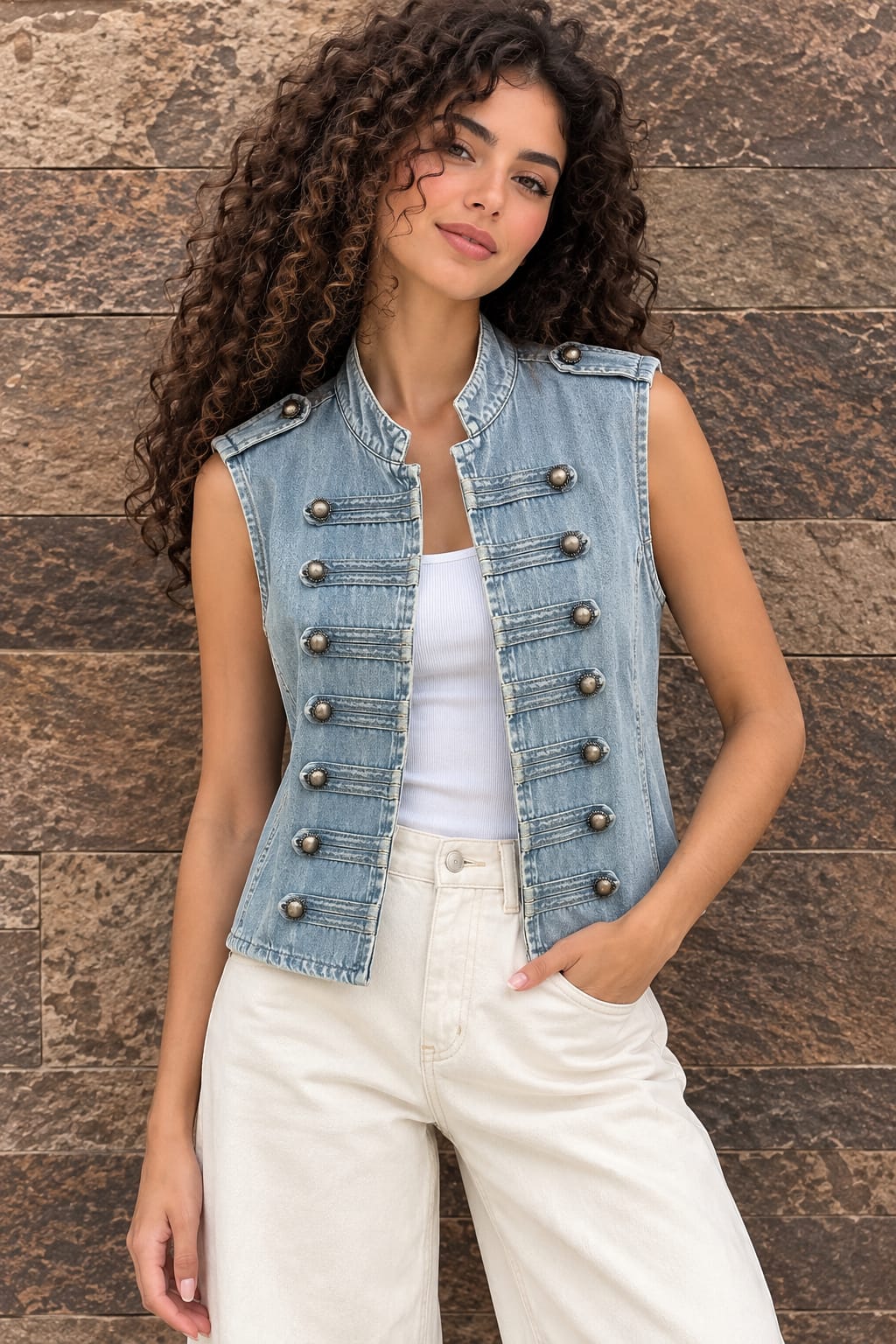 Velora Denim Military Vest – Light Blue