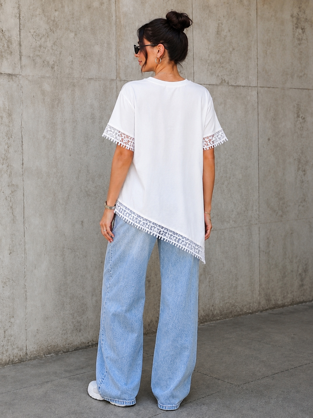 White Asymmetric Lace Hem Tee