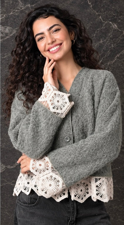 Mint Green Lace Trim Knit Cardigan