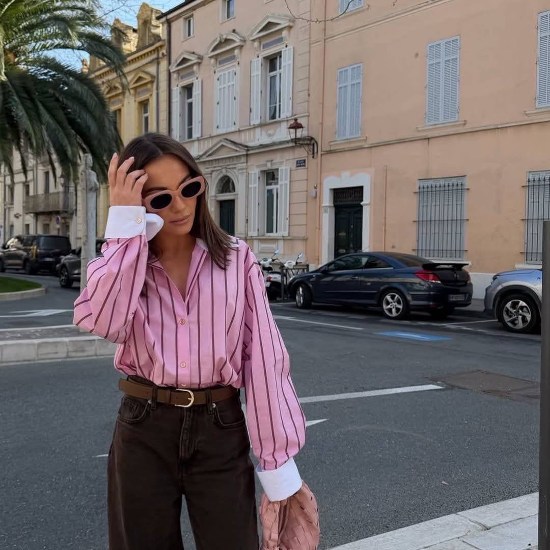 Pink Striped Contrast Collar Shirt
