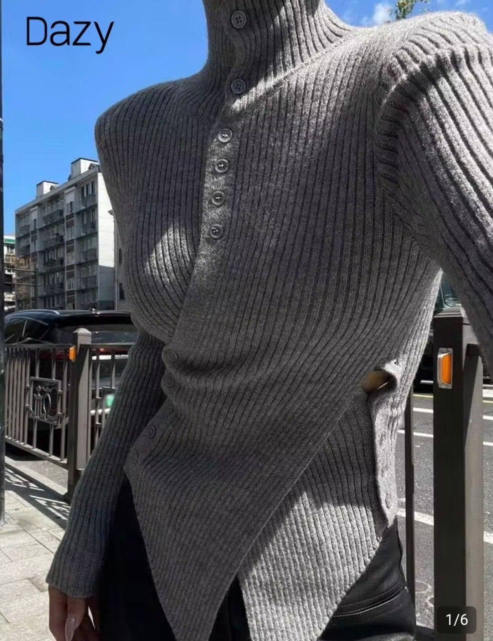 Gray Ribbed Asymmetric Buttoned Top
