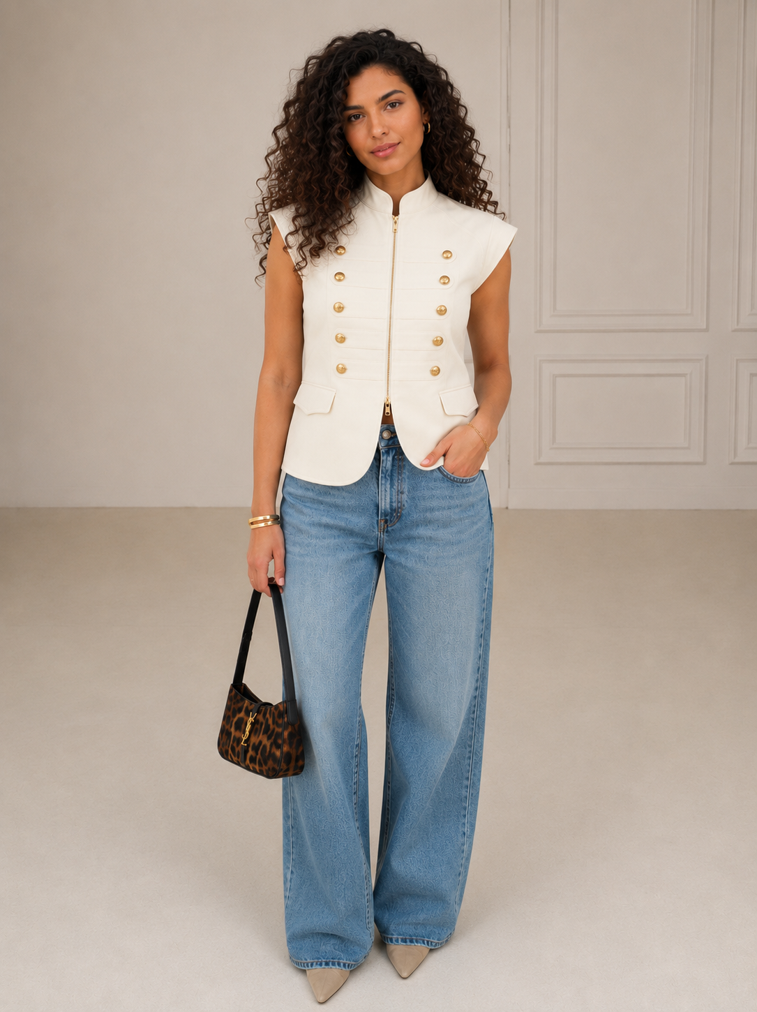Velora off white Gold Button Zip Vest