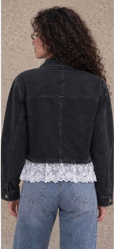 Velora Lace Trim Black Denim Jacket