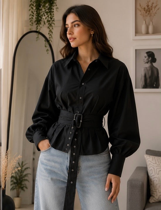 Black Signature Belted Shirt