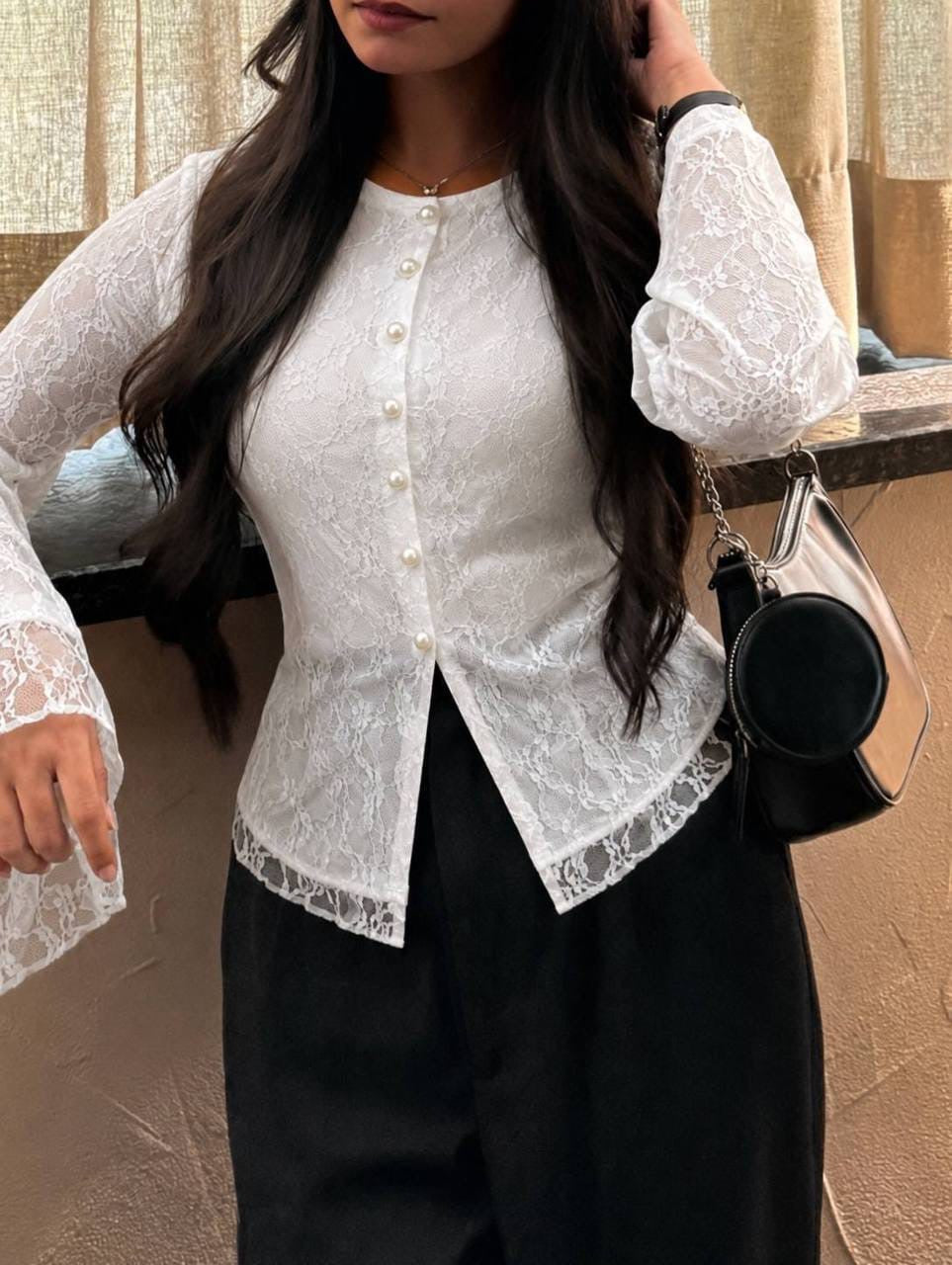 White Elegant Lace Trim Button Blouse