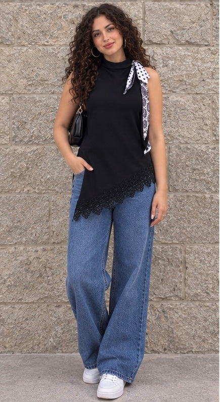 Black Guipure Scarf Top