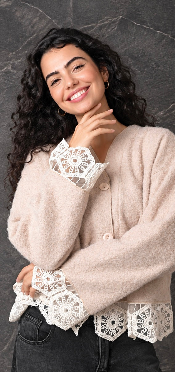 Beige Lace Trim Knit Cardigan