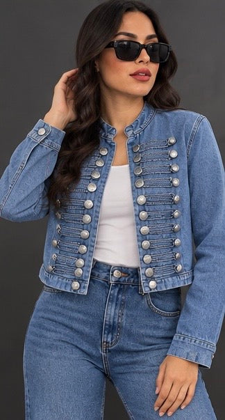 Blue Navy Denim Military Button Jacket